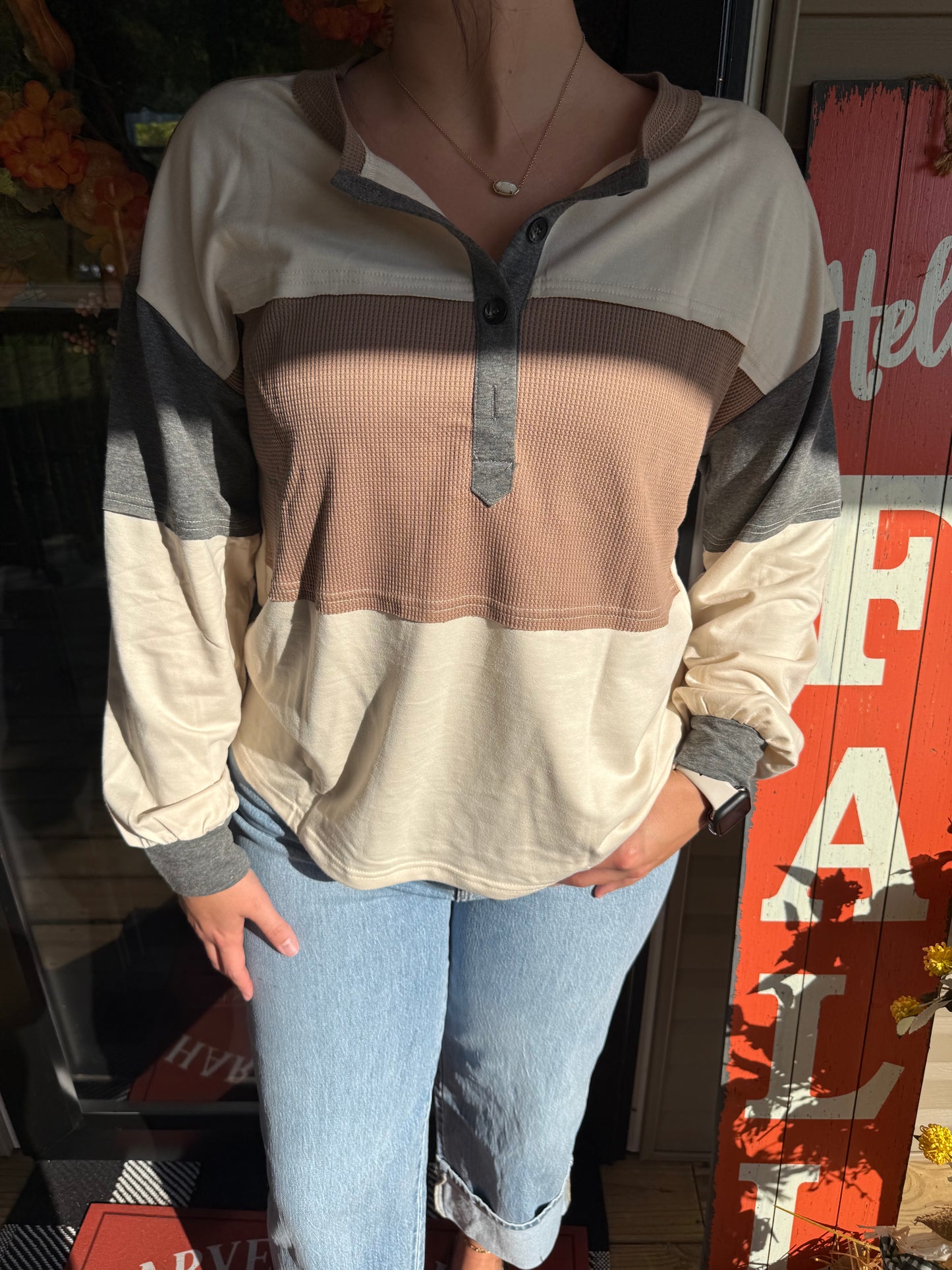 Waffled Patchwork Loose Henley Top