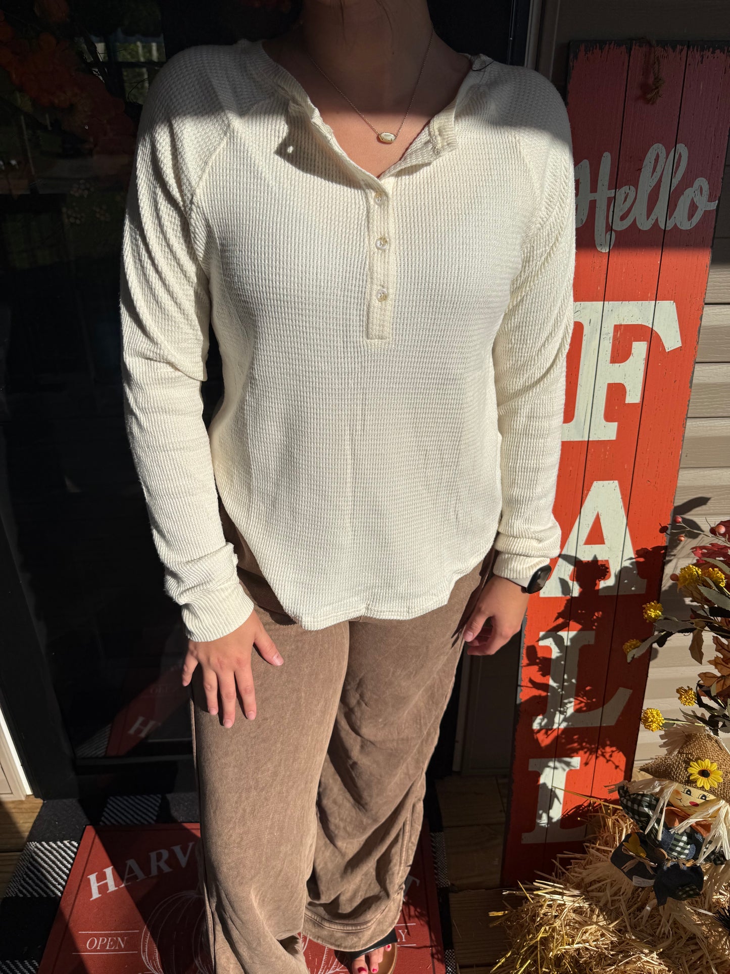 Buttoned Crew Neck Long Sleeve Top