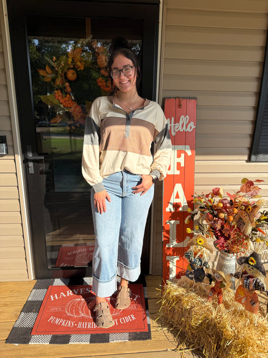 Waffled Patchwork Loose Henley Top